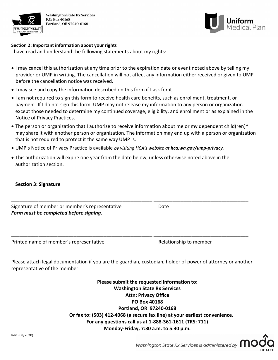 Authorization for Release of Information for Uniform Medical Plan (Pebb and Sebb) Members - Washington, Page 2