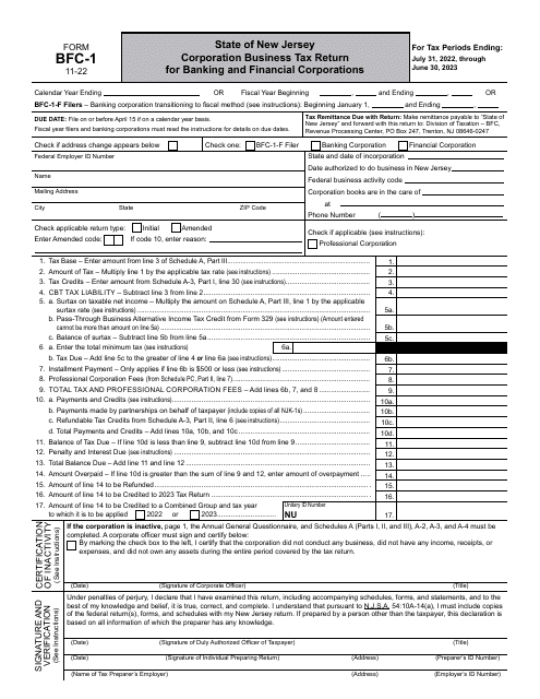 Form BFC-1 Corporation Business Tax Return for Banking and Financial Corporations - New Jersey