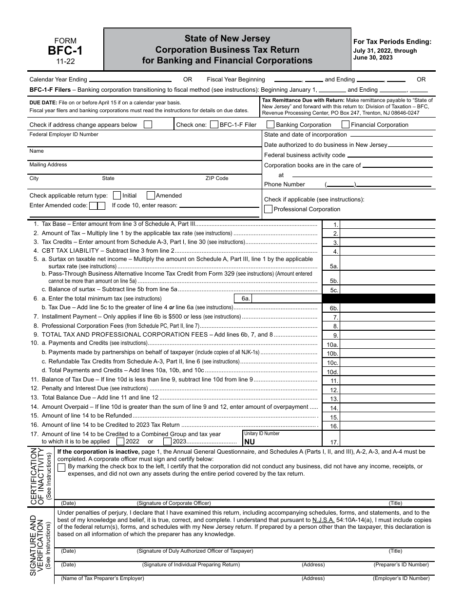 Form BFC-1 Corporation Business Tax Return for Banking and Financial Corporations - New Jersey, Page 1
