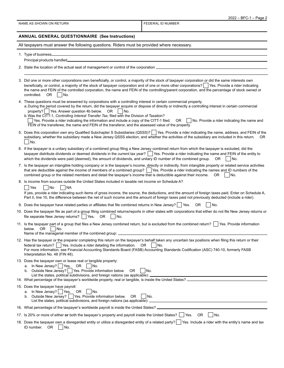 Form BFC-1 Corporation Business Tax Return for Banking and Financial Corporations - New Jersey, Page 2