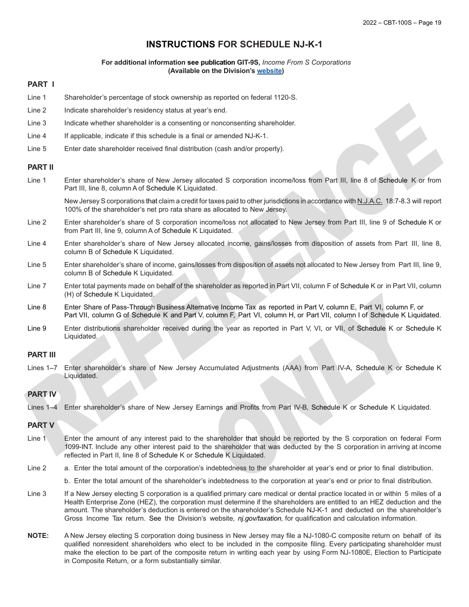 Form CBT-100S New Jersey Corporation Business Tax Return - Sample - New Jersey, Page 20