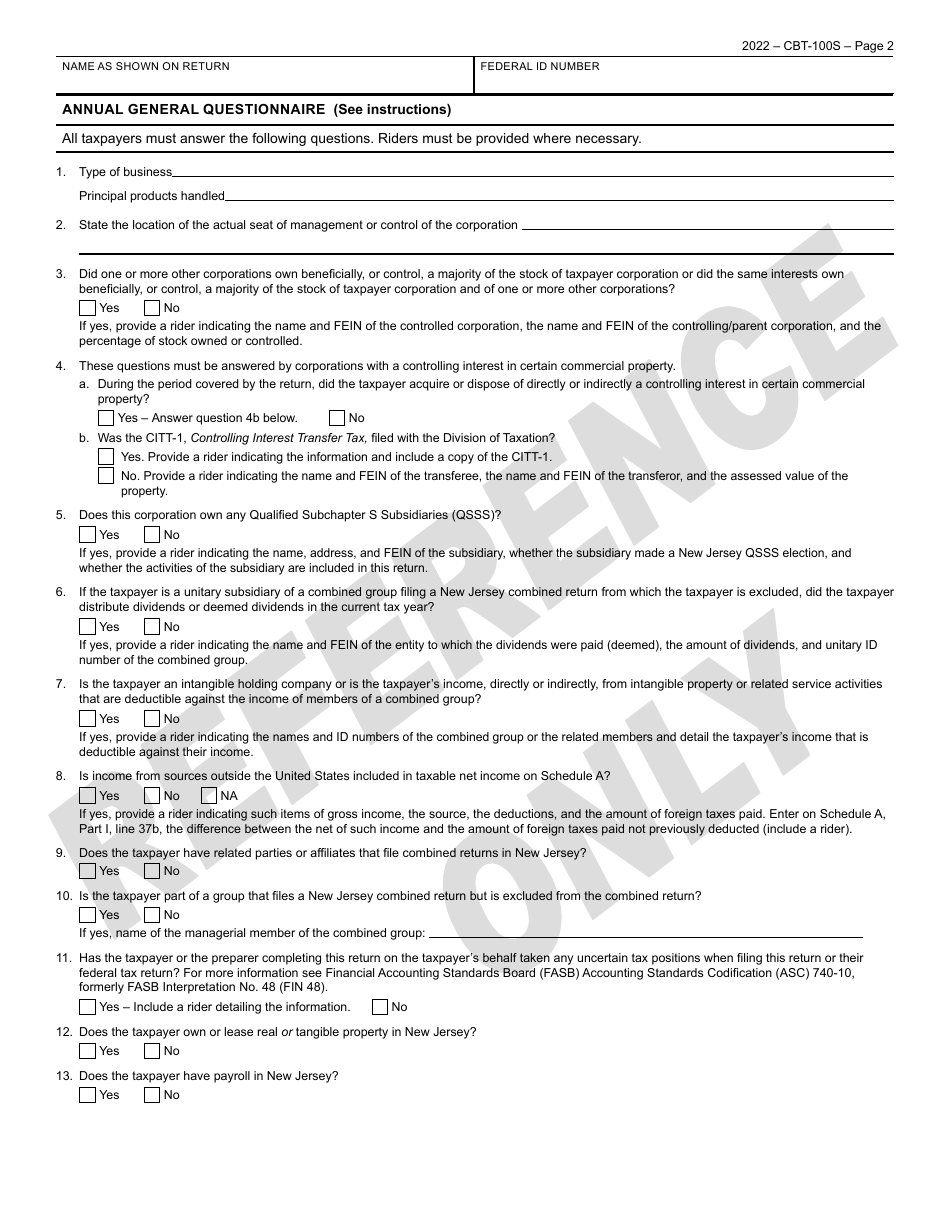 Form CBT-100S New Jersey Corporation Business Tax Return - Sample - New Jersey, Page 3