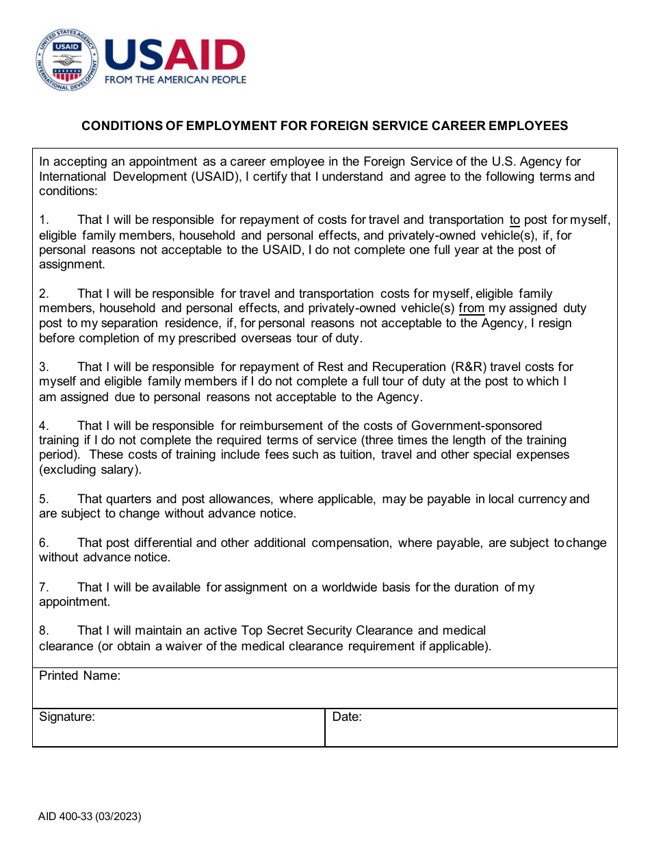 Form AID400-33 Conditions of Employment for Foreign Service Career Employees, Page 1
