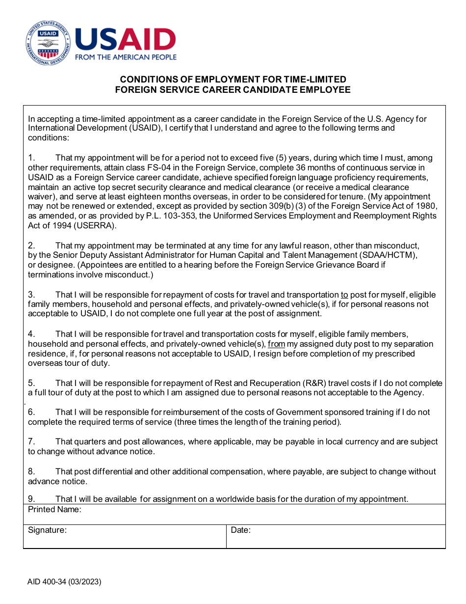 Form AID400-34 Conditions of Employment for Time-Limited Foreign Service Career Candidate Employee, Page 1