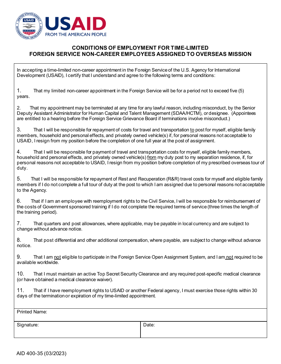 Form AID400-35 Conditions of Employment for Time-Limited Foreign Service Non-career Employees Assigned to Overseas Mission, Page 1
