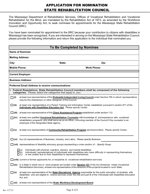 Application for Nomination State Rehabilitation Council - Mississippi Download Pdf