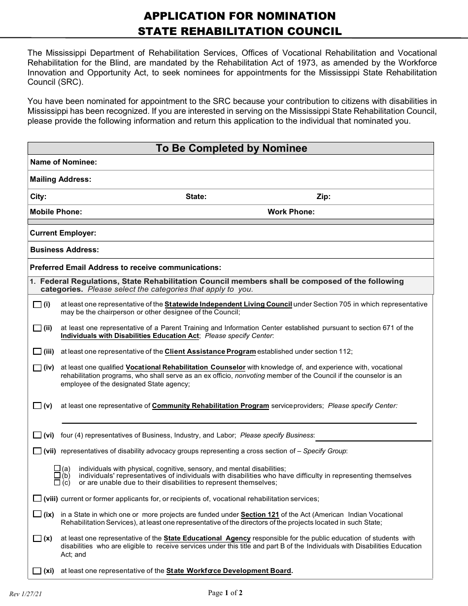 Application for Nomination State Rehabilitation Council - Mississippi, Page 1
