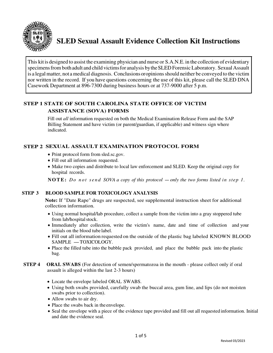 Sled Sexual Assault Evidence Collection Kit Instructions - Box Style - South Carolina, Page 1