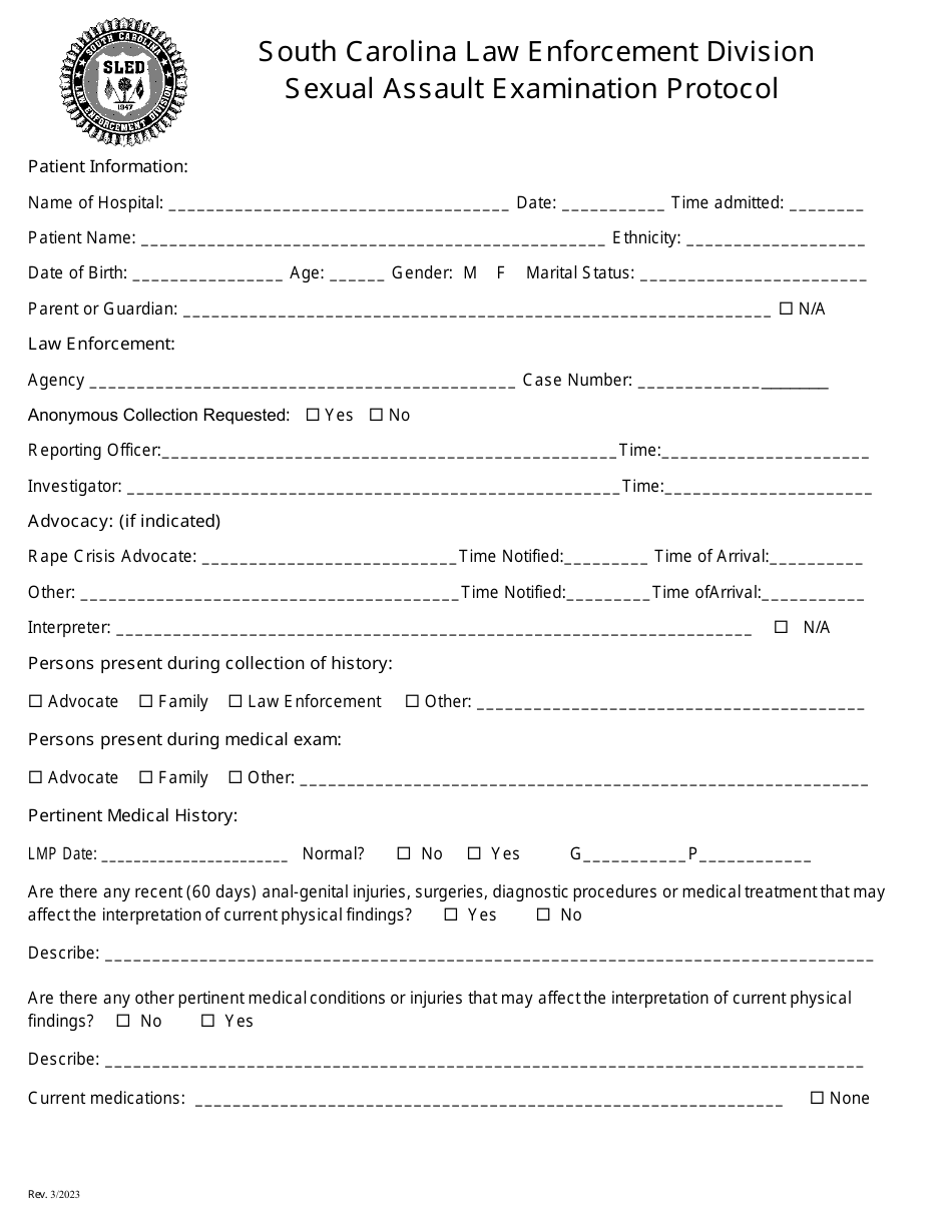 Sexual Assault Examination Protocol - Box Style - South Carolina, Page 1