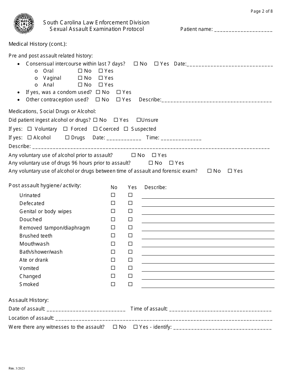 South Carolina Sexual Assault Examination Protocol - Box Style - Fill ...