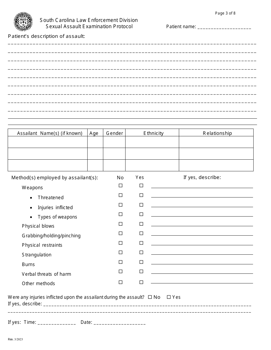 Sexual Assault Examination Protocol - Box Style - South Carolina, Page 3