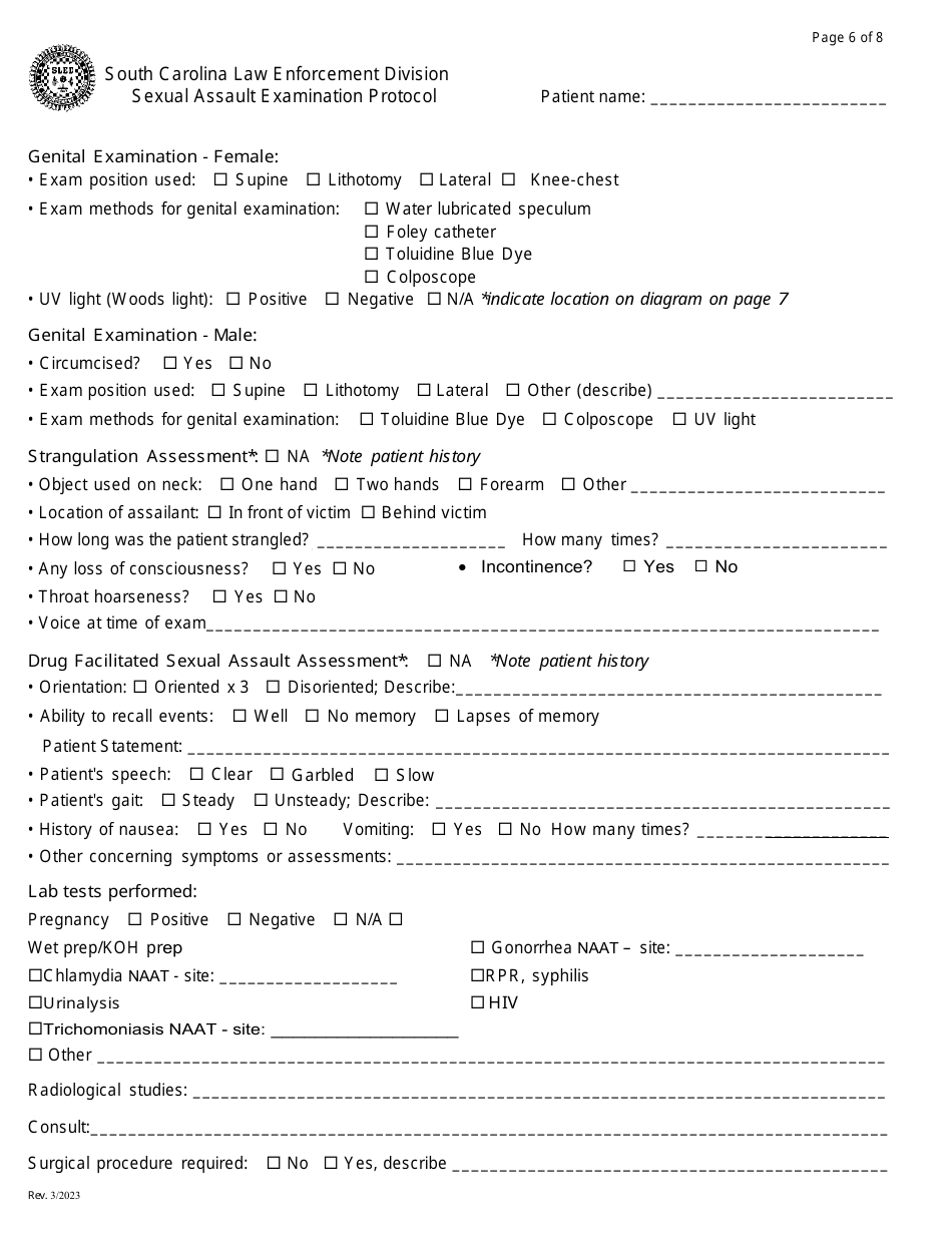 South Carolina Sexual Assault Examination Protocol Box Style Fill