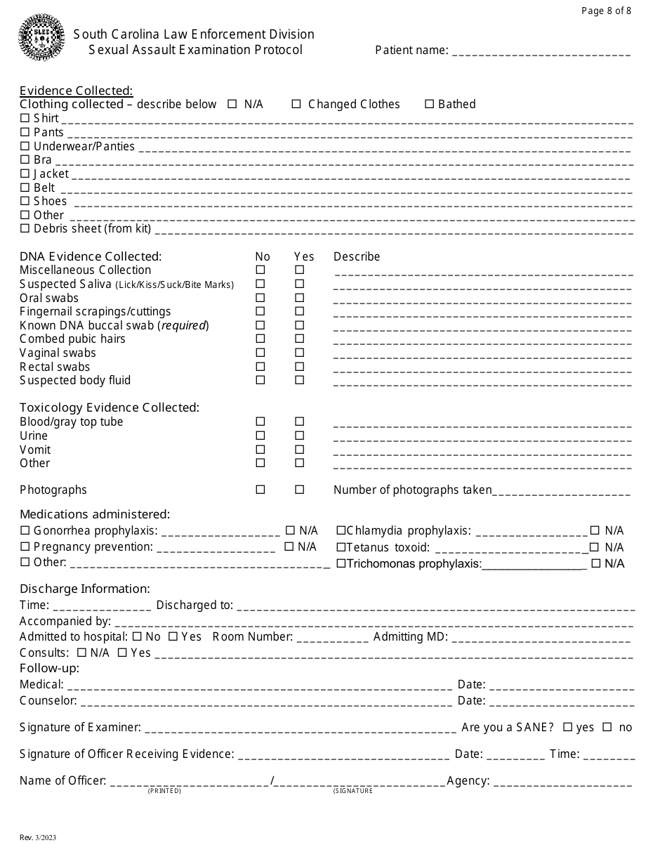 South Carolina Sexual Assault Examination Protocol Box Style Fill Out Sign Online And 7905