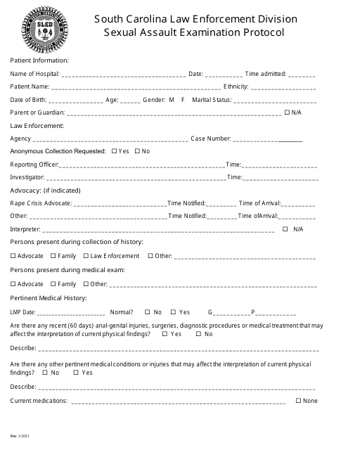 Sexual Assault Examination Protocol - Box Style - South Carolina Download Pdf