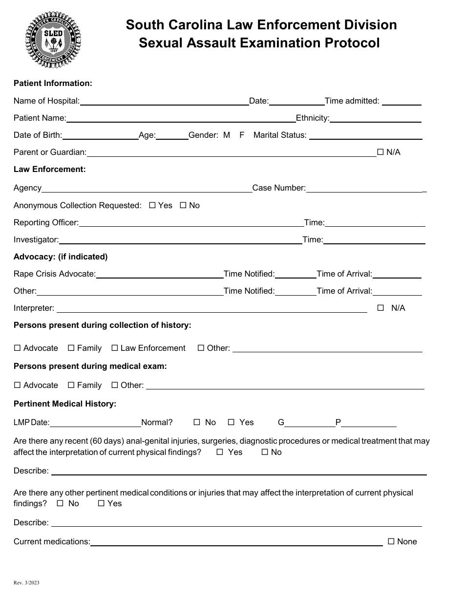 Sexual Assault Examination Protocol - Envelope Style - South Carolina, Page 1