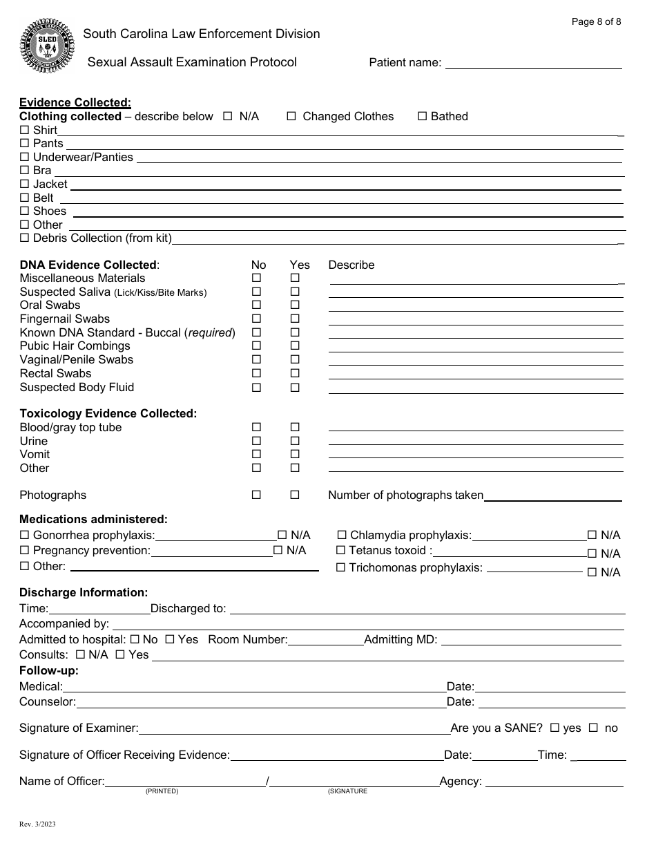 South Carolina Sexual Assault Examination Protocol Envelope Style Fill Out Sign Online And 2823