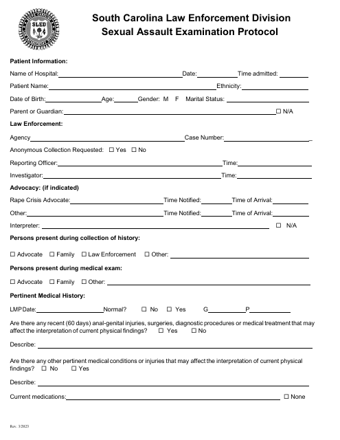 Sexual Assault Examination Protocol - Envelope Style - South Carolina Download Pdf