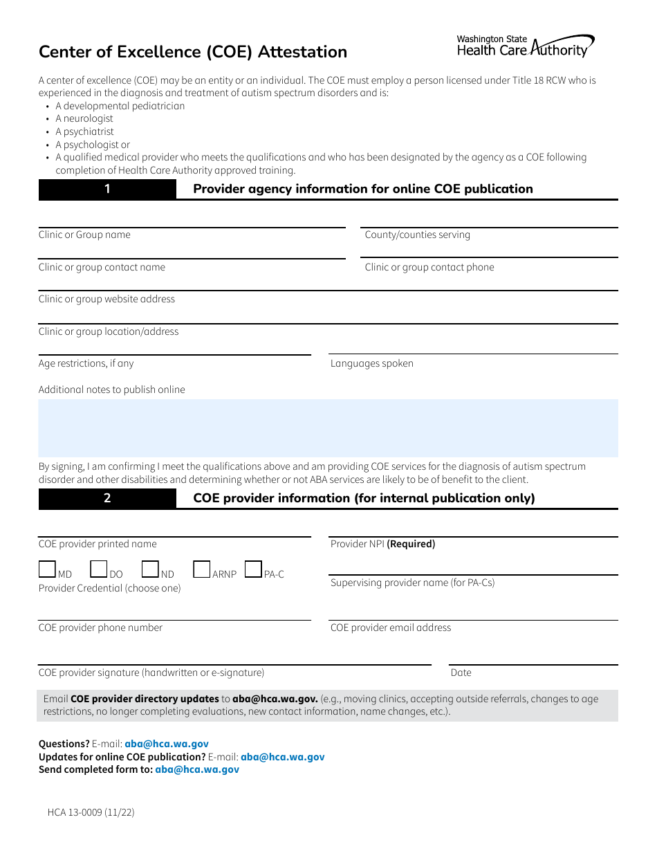 Form HCA13-0009 Center of Excellence (Coe) Attestation - Washington, Page 1