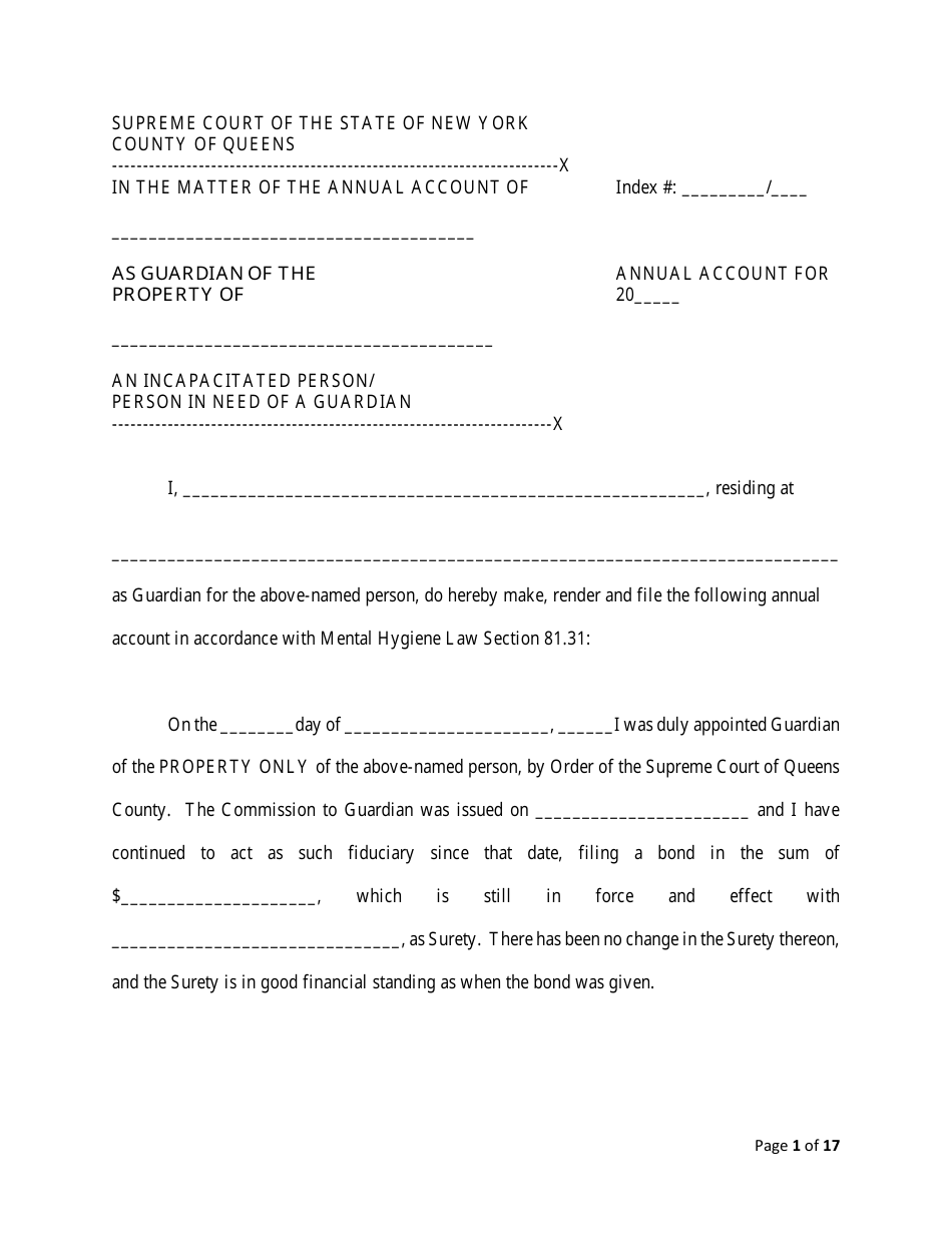 Queens County, New York Annual Account Fill Out, Sign Online and
