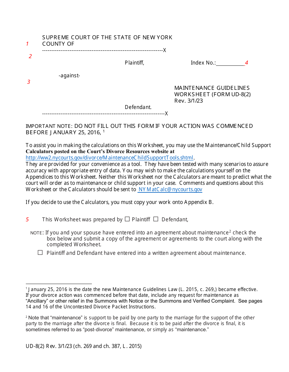 Form UD-8(2) Maintenance Guidelines Worksheet - New York, Page 1