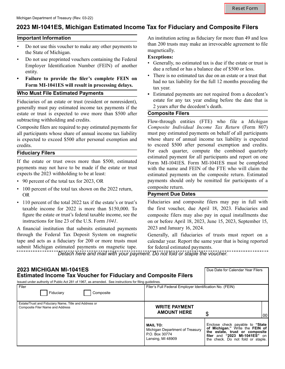 Form MI-1041ES Michigan Estimated Income Tax for Fiduciary and Composite Filers - Michigan, Page 1