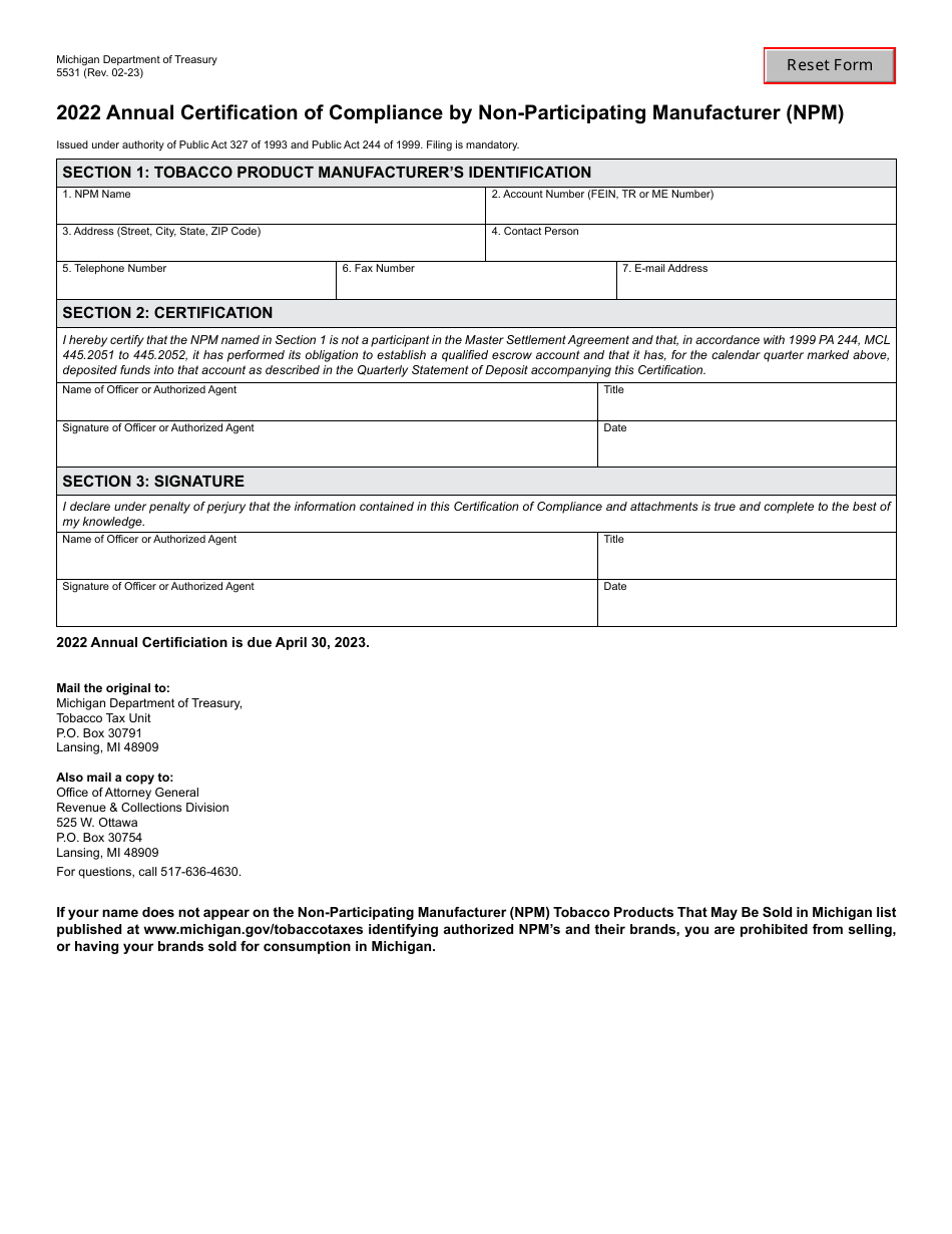 Form 5531 Annual Certification of Compliance by Non-participating Manufacturer (Npm) - Michigan, Page 1