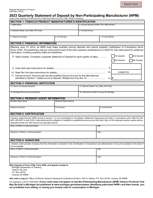 Form 5465 Quarterly Statement of Deposit by Non-participating Manufacturer (Npm) - Michigan, 2023