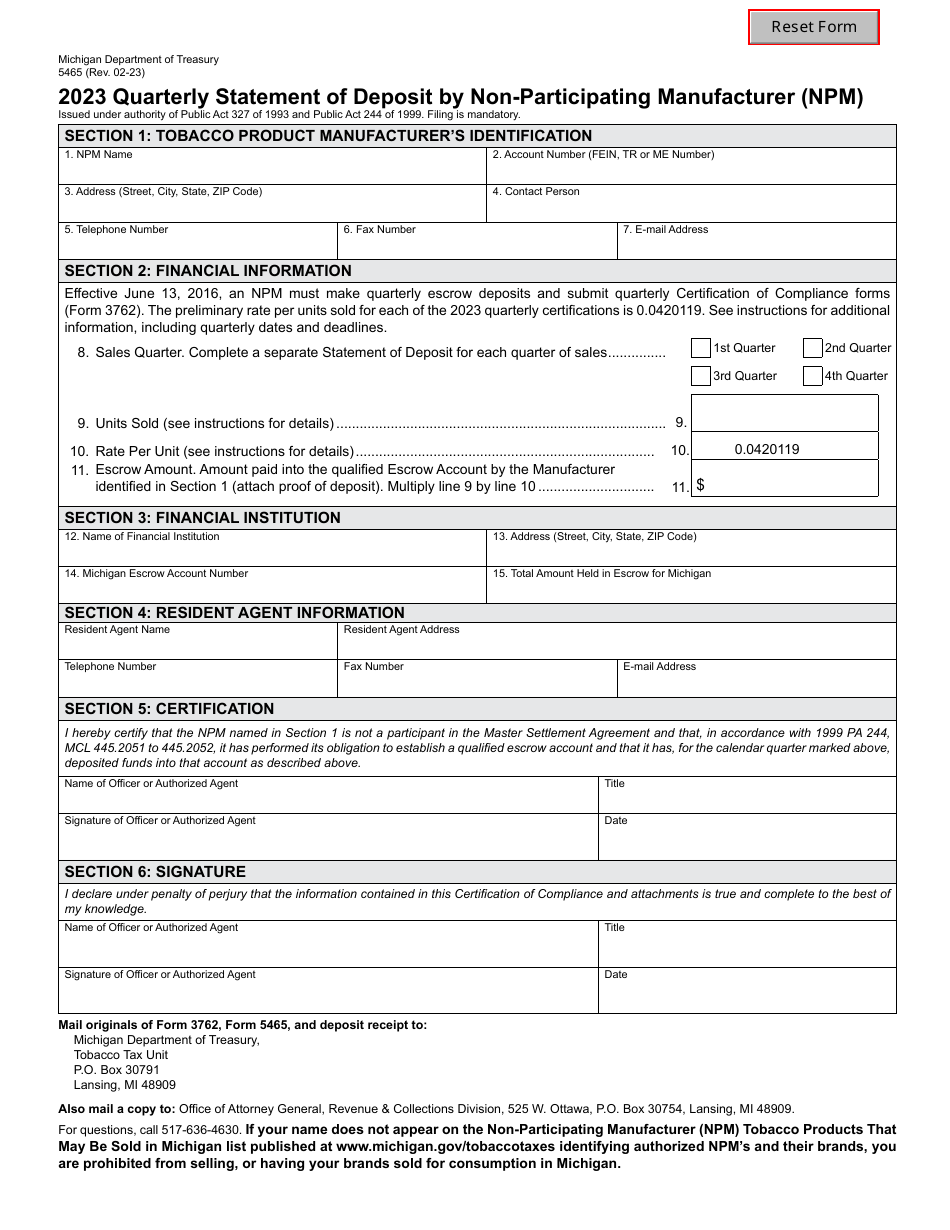 Form 5465 Quarterly Statement of Deposit by Non-participating Manufacturer (Npm) - Michigan, Page 1