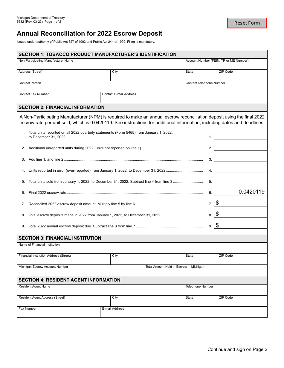 Form 5532 Annual Reconciliation for Escrow Deposit - Michigan, Page 1
