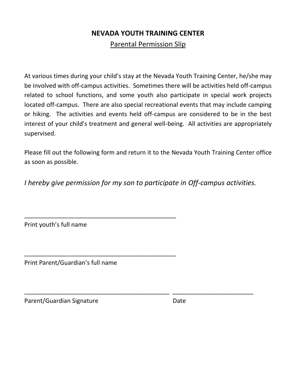 Parental Permission Slip Form - Nevada Youth Training Center (Nytc) - Nevada, Page 1