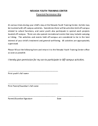 Document preview: Parental Permission Slip Form - Nevada Youth Training Center (Nytc) - Nevada