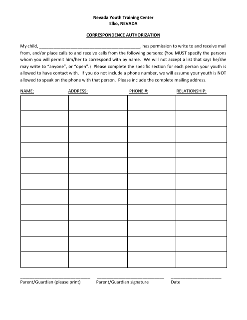 Correspondence Authorization - Nevada Youth Training Center (Nytc) - Nevada