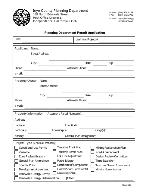 Planning Department Permit Application - Inyo County, California Download Pdf