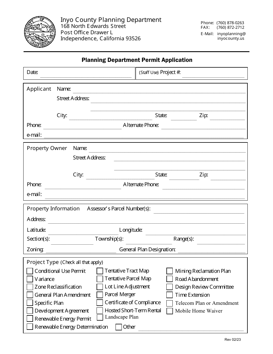 Inyo County California Planning Department Permit Application Fill   Planning Department Permit Application Inyo County California Print Big 