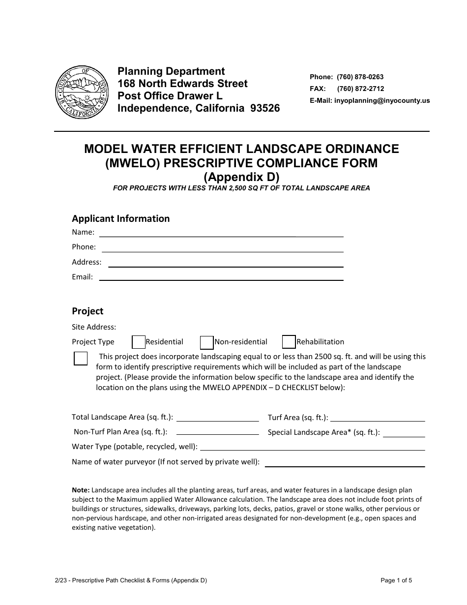 Appendix D Model Water Efficient Landscape Ordinance (Mwelo) Prescriptive Compliance Form - Planning Department - Inyo County, California, California, Page 1