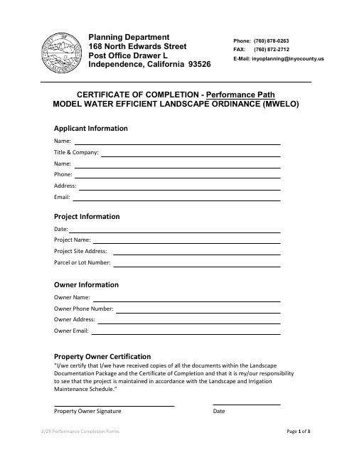 Certificate of Completion - Performance Path - Model Water Efficient Landscape Ordinance (Mwelo) - Inyo County, California Download Pdf