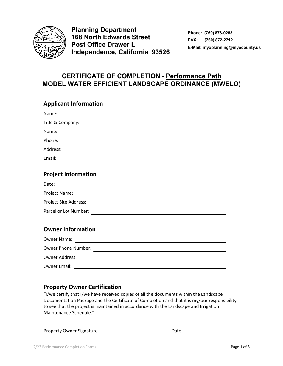 Certificate of Completion - Performance Path - Model Water Efficient Landscape Ordinance (Mwelo) - Inyo County, California, Page 1