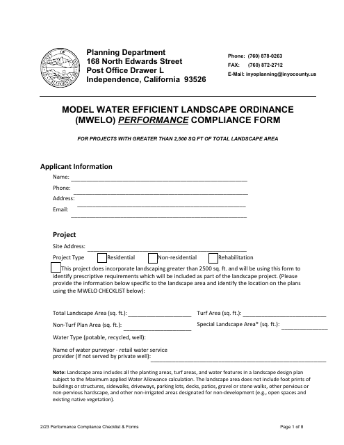 Model Water Efficient Landscape Ordinance (Mwelo) Performance Compliance Form for Projects With Greater Than 2,500 Sq Ft of Total Landscape Area - Inyo County, California Download Pdf