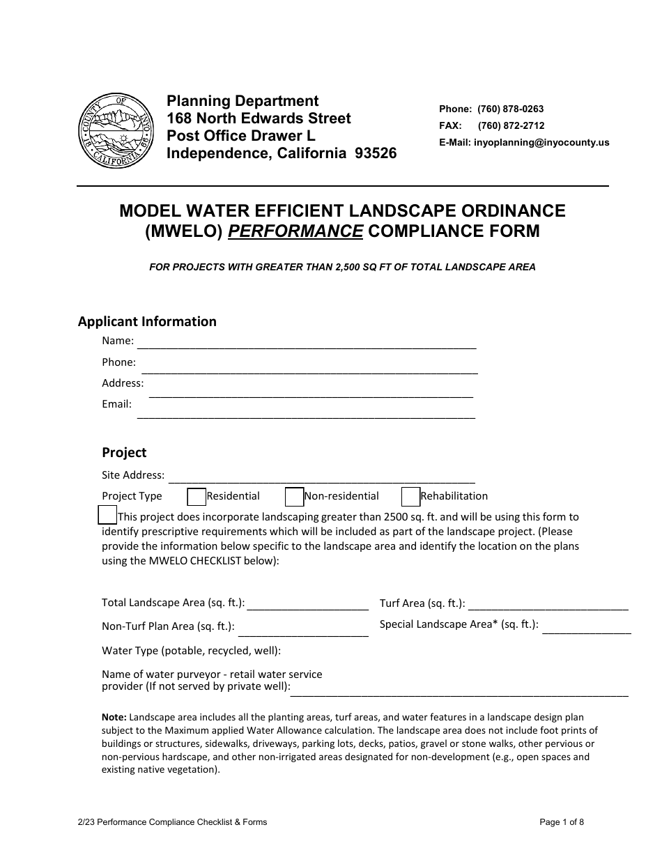 Inyo County California Model Water Efficient Landscape Ordinance   Model Water Efficient Landscape Ordinance Mwelo Performance Compliance Form For Projects With Greater Than 2 500 Sq Ft Of Total Landscape Area Inyo County California Print Big 