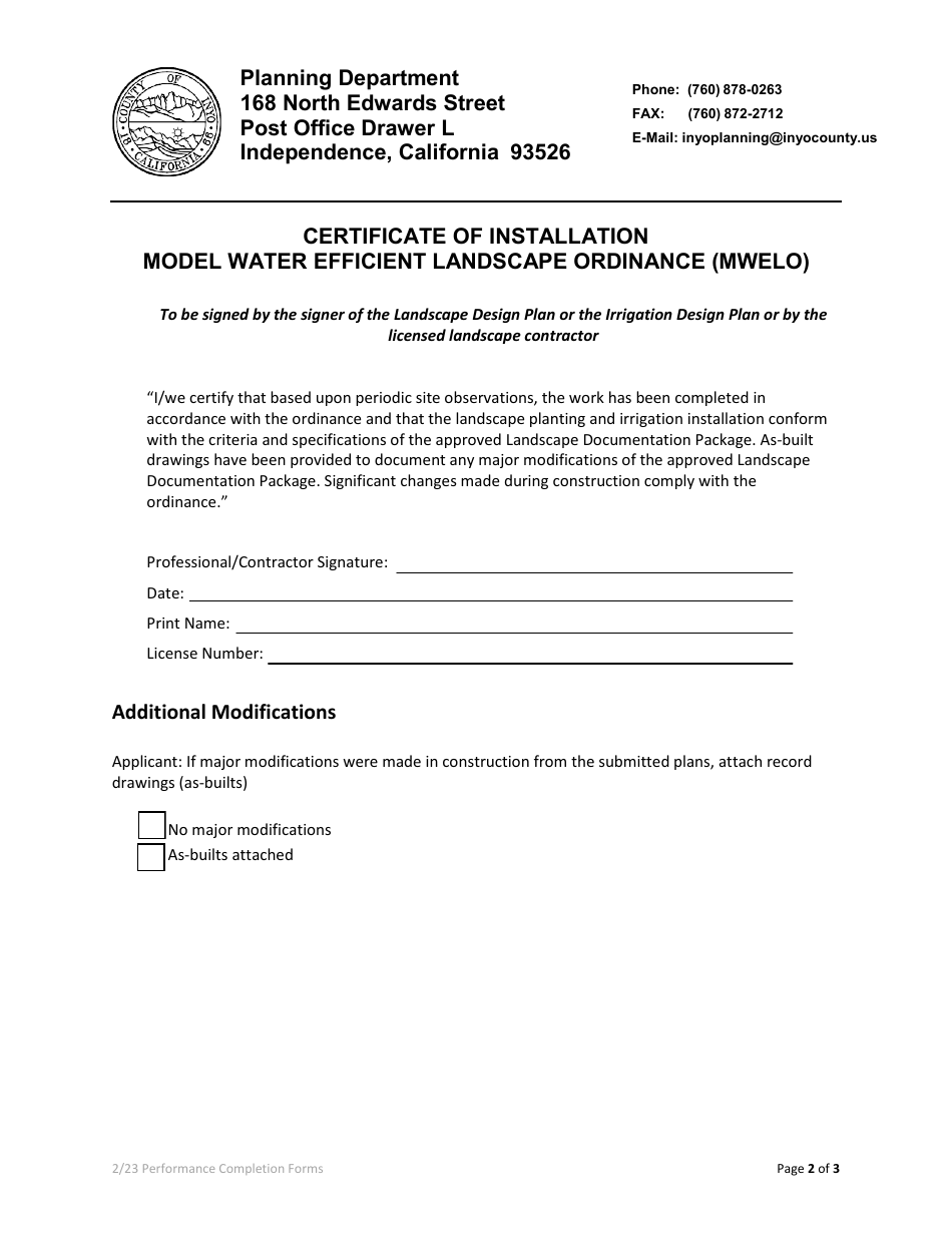 Model Water Efficient Landscape Ordinance (Mwelo) Performance Compliance Form for Projects With Greater Than 2,500 Sq Ft of Total Landscape Area - Inyo County, California, Page 10