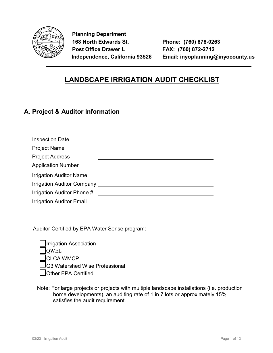 Model Water Efficient Landscape Ordinance (Mwelo) Performance Compliance Form for Projects With Greater Than 2,500 Sq Ft of Total Landscape Area - Inyo County, California, Page 15