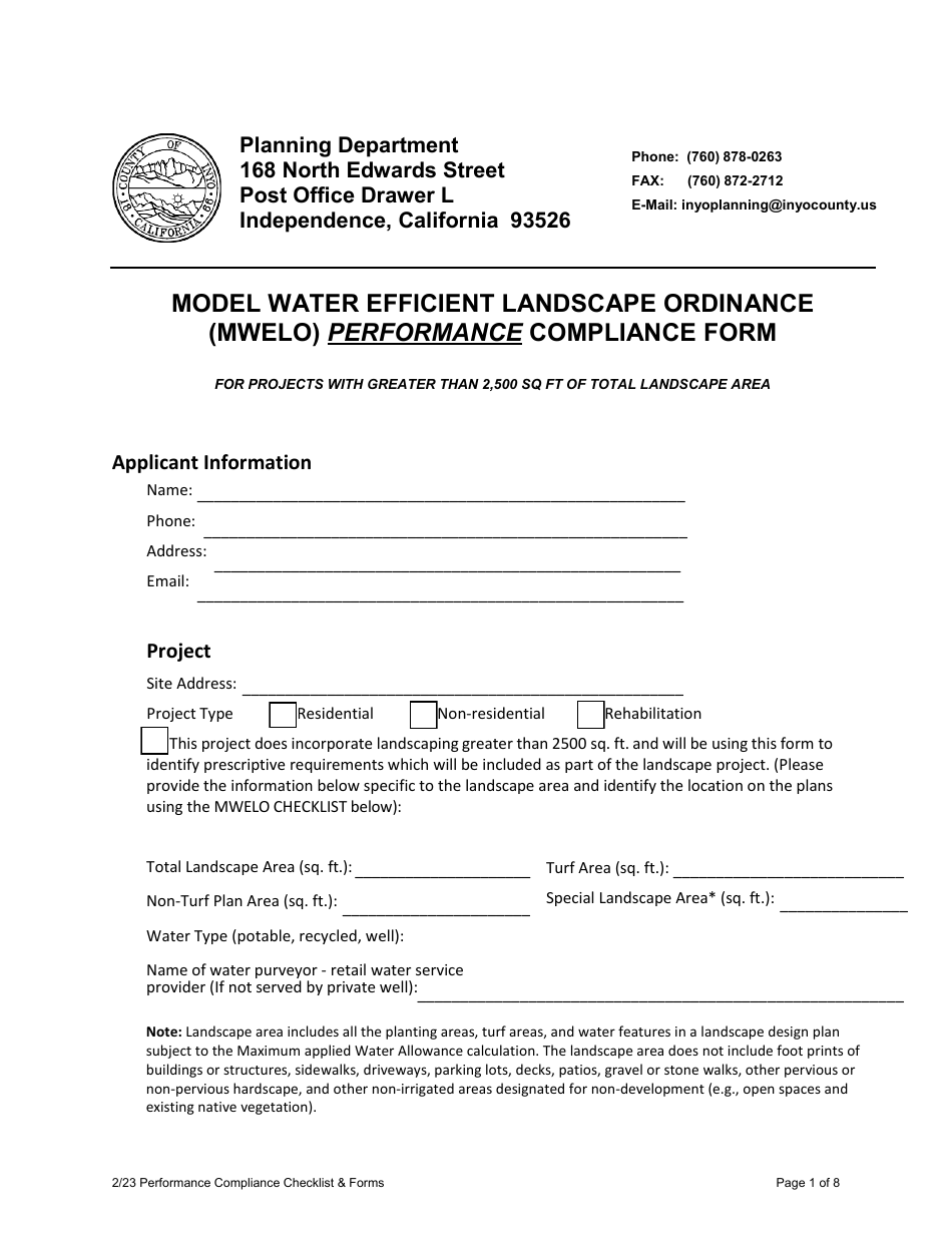 Model Water Efficient Landscape Ordinance (Mwelo) Performance Compliance Form for Projects With Greater Than 2,500 Sq Ft of Total Landscape Area - Inyo County, California, Page 1
