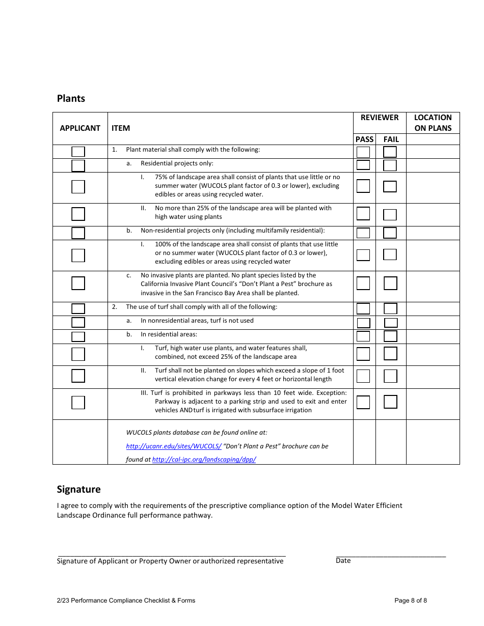 Model Water Efficient Landscape Ordinance (Mwelo) Performance Compliance Form for Projects With Greater Than 2,500 Sq Ft of Total Landscape Area - Inyo County, California, Page 8