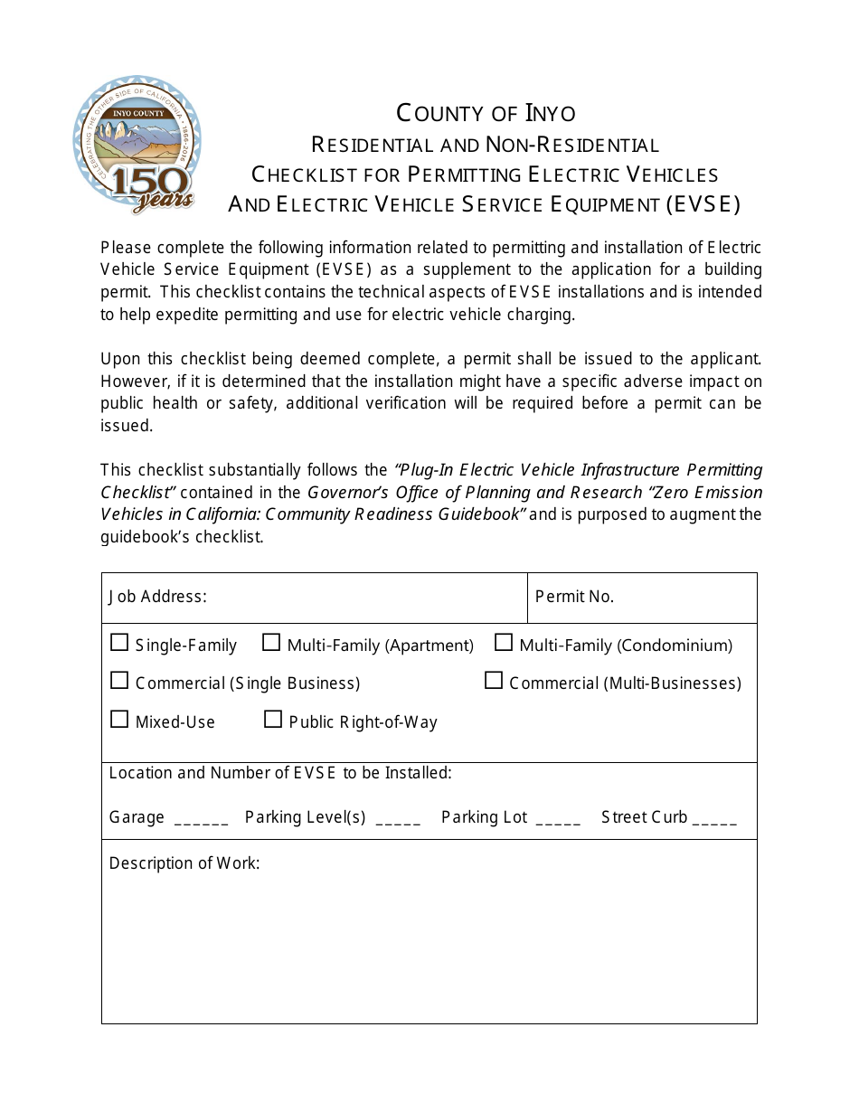 Residential and Non-residential Checklist for Permitting Electric Vehicles and Electric Vehicle Service Equipment (Evse) - Inyo County, California, Page 1