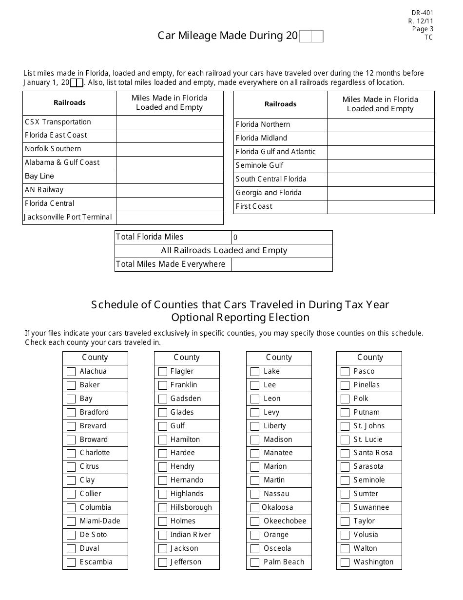 Form DR-401 Private Car and Freight Line Equipment Companies Annual Report and Return to the State of Florida - Florida, Page 3