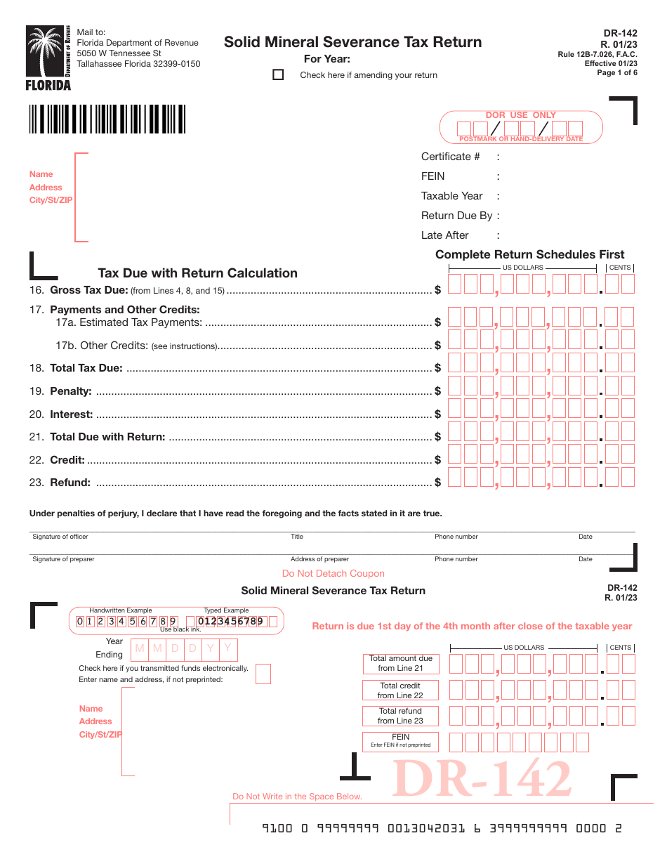 Form DR-142 Solid Mineral Severance Tax Return - Florida, Page 1