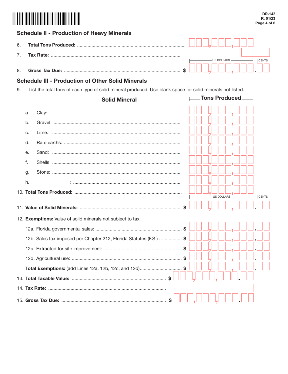 Form DR-142 Solid Mineral Severance Tax Return - Florida, Page 4