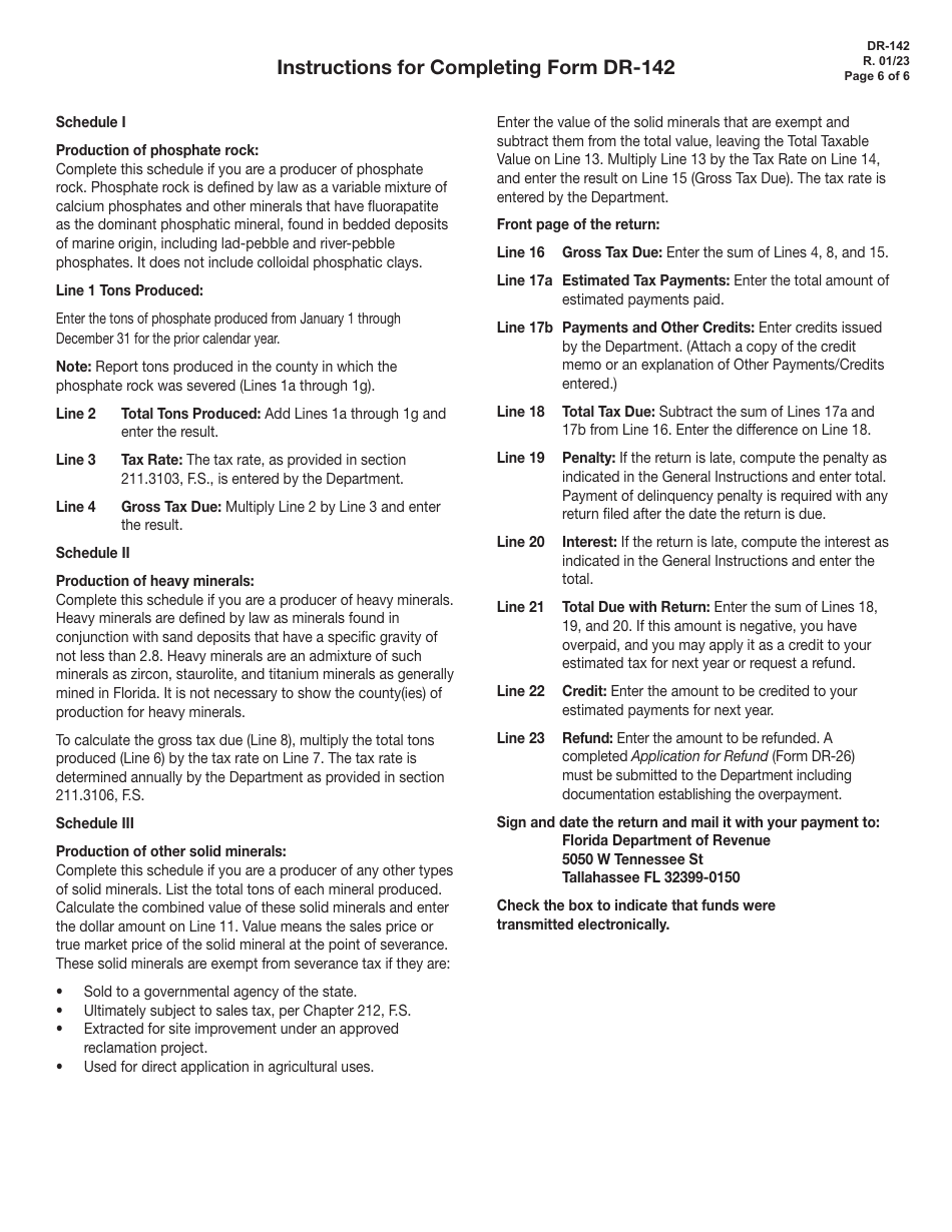 Form DR-142 Solid Mineral Severance Tax Return - Florida, Page 6