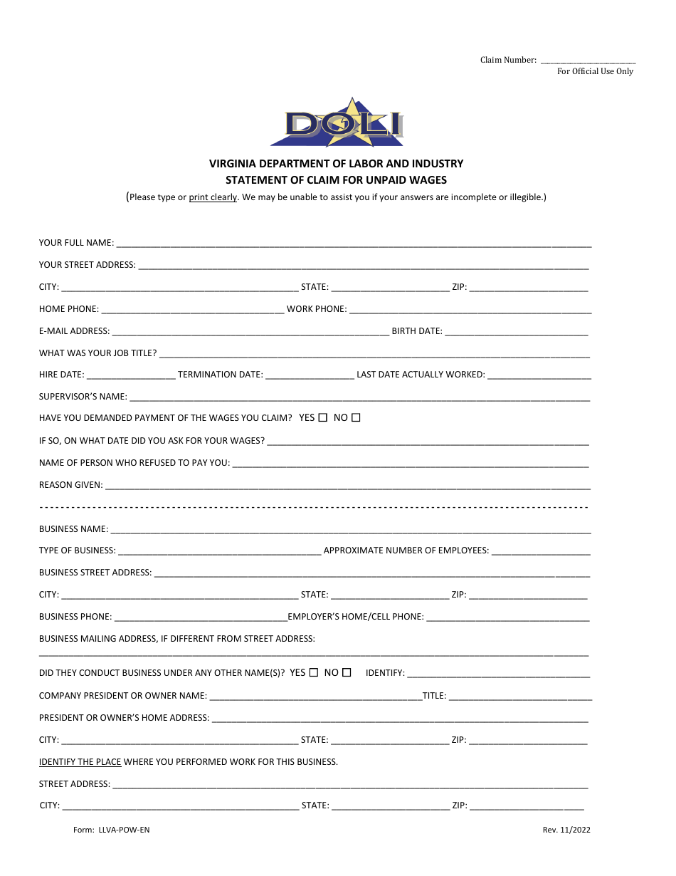 Form LLVA-POW-EN Statement of Claim for Unpaid Wages - Virginia, Page 3