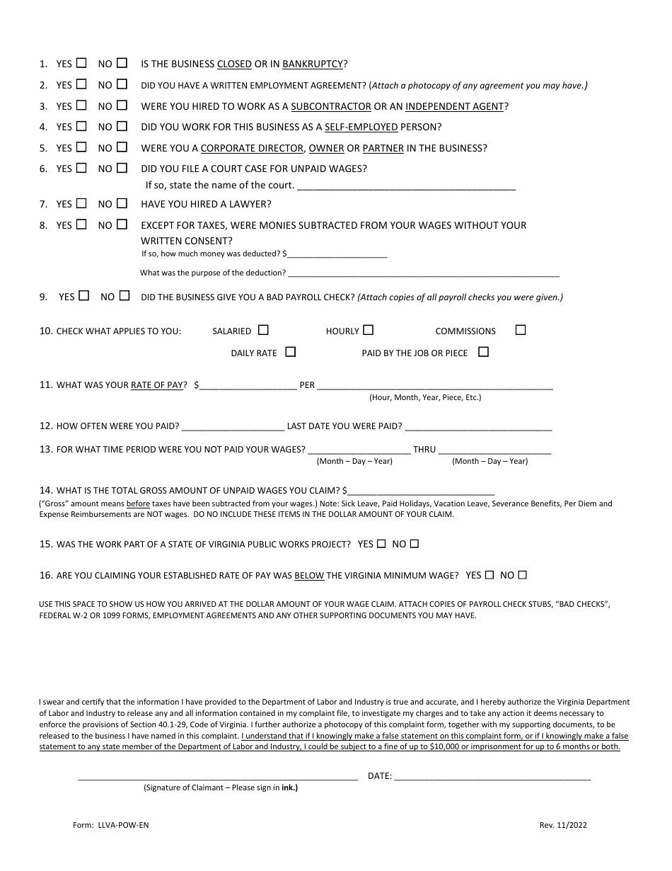 Form LLVA-POW-EN Statement of Claim for Unpaid Wages - Virginia, Page 4